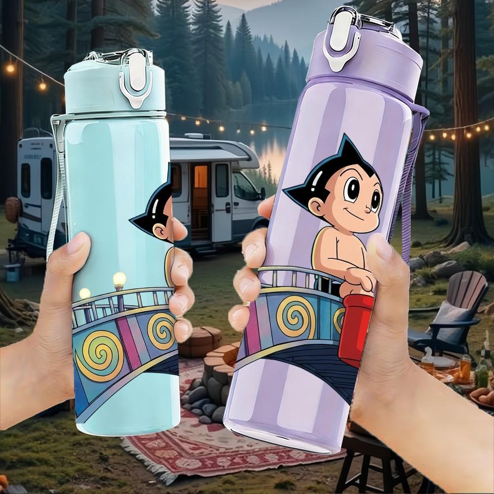 1PC Retro Boy Character City Bridge Art 750ml Color Plastic Sports Water Bottle Leakproof Flip Straw Lid Suitable for Sports Office Home Use