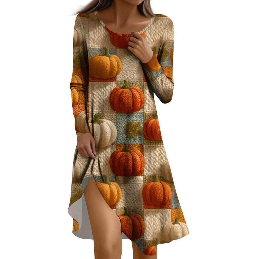 Ladies Halloween Party Dress 3D Horror Pumpkin Ghost Print Long Sleeve round Neck Casual A-Line Dress Vestidos