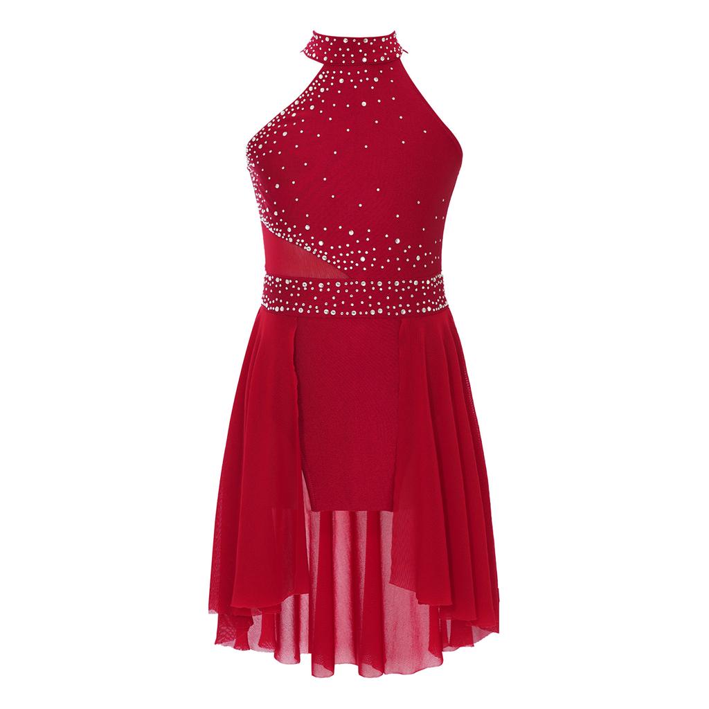 Girls Glittery Lyrical Dance Dress - Rhinestone Decor & Irregular Hem for Stage Performances