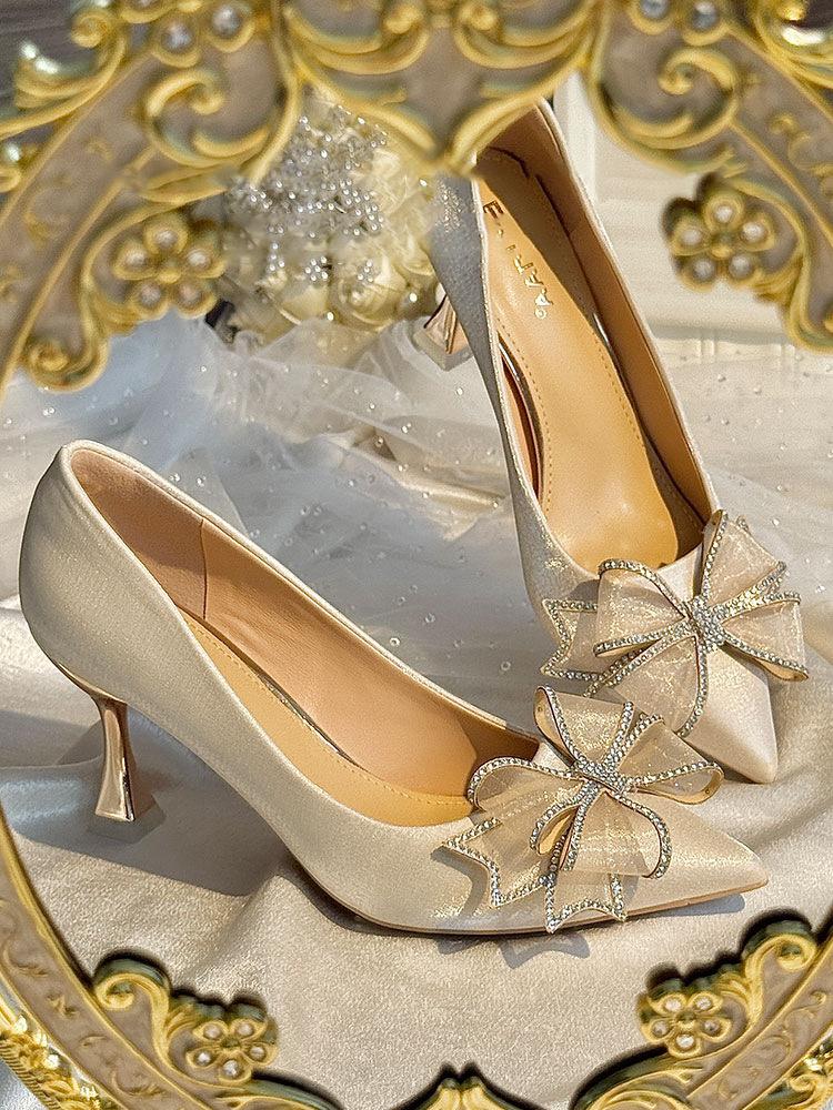 Новые атласные туфли-босоножки с бантом из стразов на высоком каблуке-шпильке в сказочном стиле, римские туфли