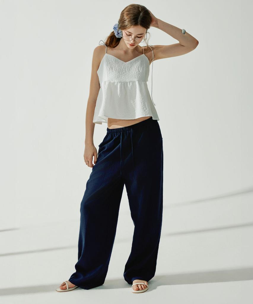 VIKINI VENDER Slow Linen Elastic Waist Wide Pants - Navy