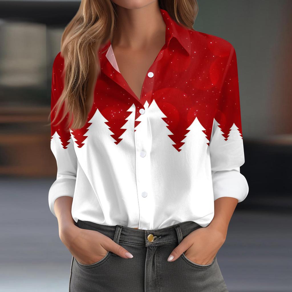 Женская рубашка-блузка с рождественским принтом и пуговицами, длинный рукав, повседневный базовый рубашечный воротник, обычный топ