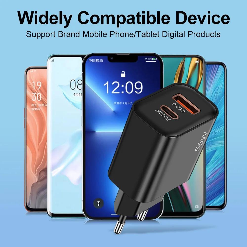 Зарядное устройство USB Type C мощностью 55 Вт, быстрая зарядка 3.0, адаптеры для зарядки телефонов для iPhone 16, 15 Pro Max, Xiaomi, Samsung, быстрое настенное зарядное устройство Type C