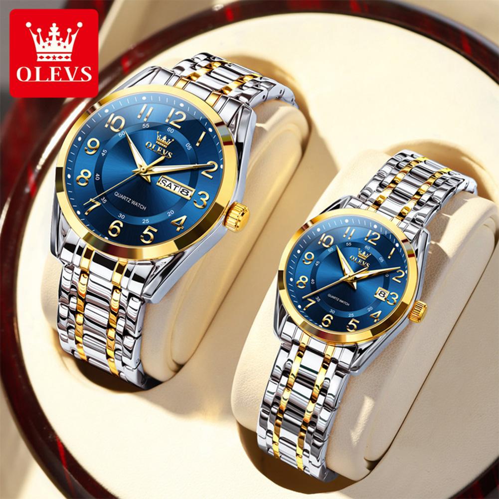 OLEVS Top Brand Luxury Couple Watches Stainless Steel Original Quartz Watch for Lover Waterproof Luminous Date Week Wristwatch