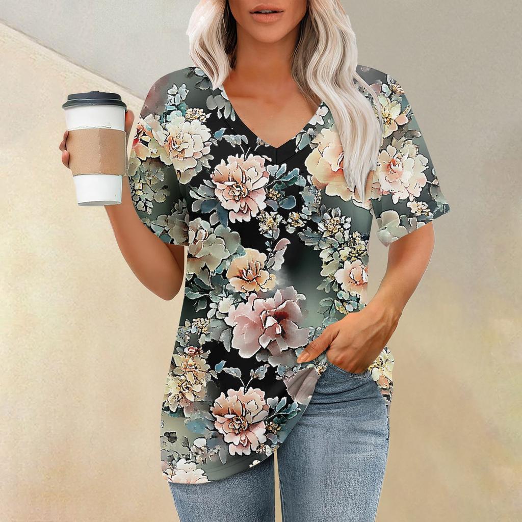 Women's Fashion Pocket V-neck Short Sleeve Plant Floral Print T-shirt Top