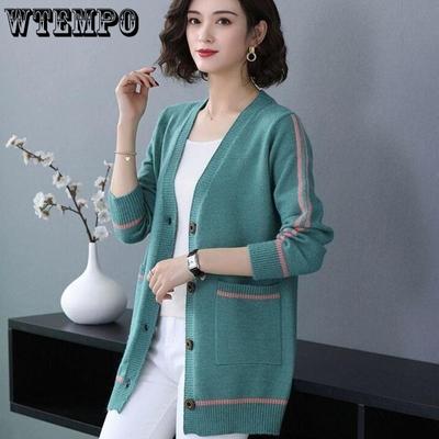 Весенний и осенний трикотаж для женщин, средний и длинный кардиган со свободным верхом для женщин