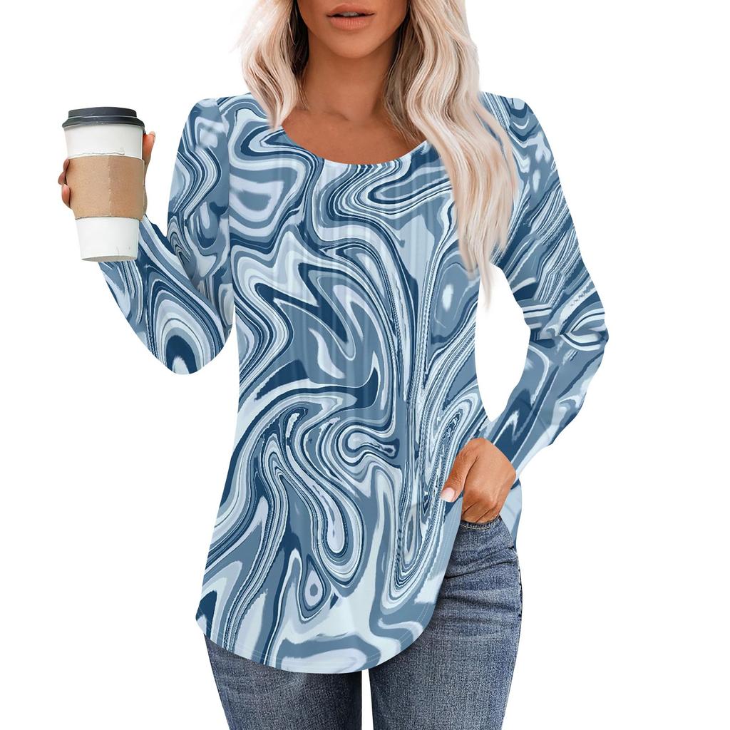 Рубашки с длинным рукавом для женщин, топы, нарядные повседневные блузки, плиссированные топы-туники с круглым вырезом