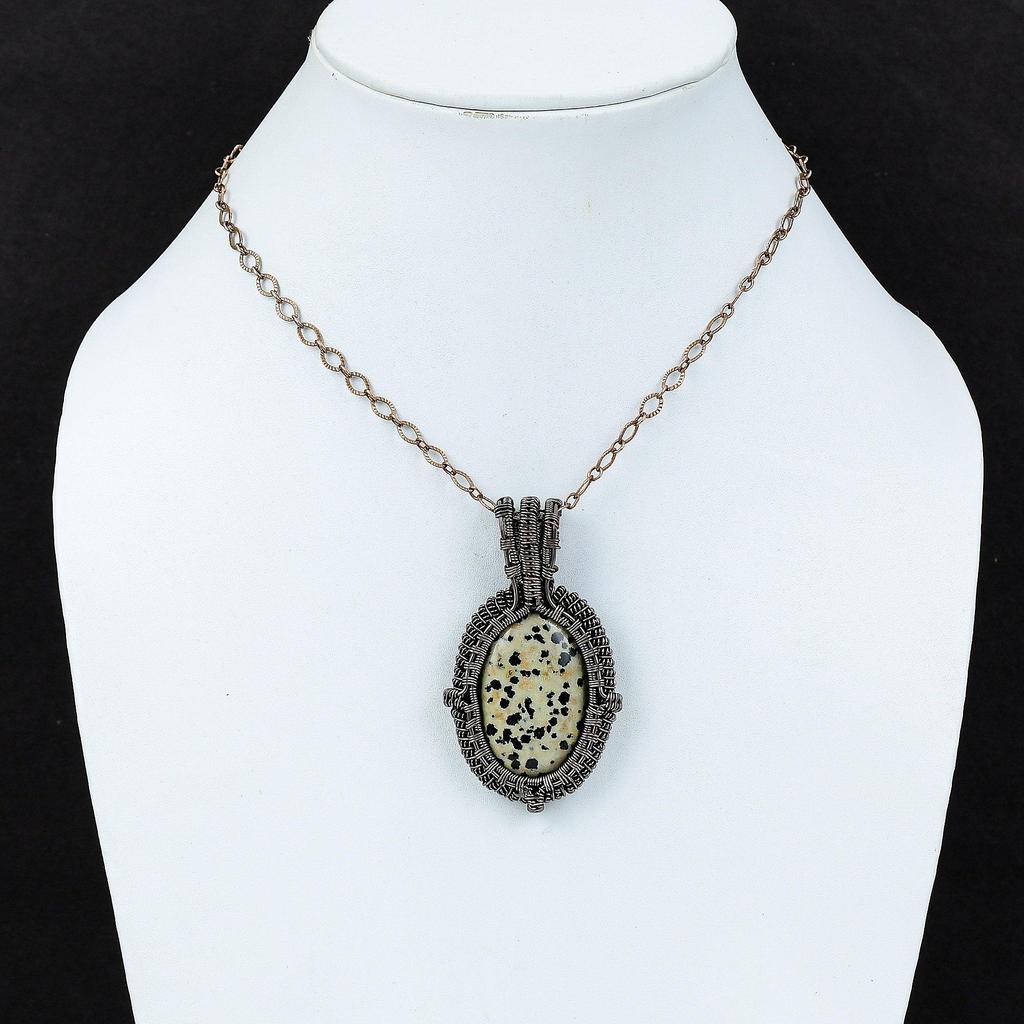 Кулон из далматинской яшмы, медная проволока, кулон, кулон ручной работы с драгоценным камнем, медные украшения, этнический кулон, подарок для женщин, дизайнерские ювелирные изделия