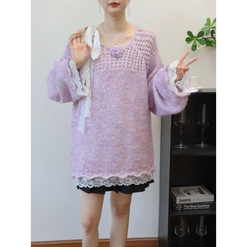 Autumn and Winter New Hollow Splicing Lace Sequined Knitted Sweater Top Loose Medium and Long Sweater Pullover Women