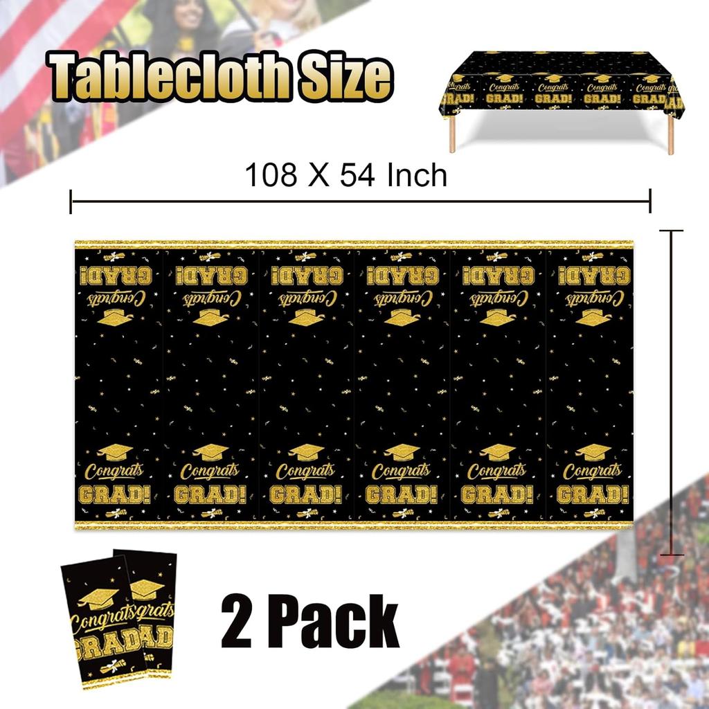 2025 Graduation Party Decorations - Black and Gold Tablecloth Plastic Disposable Table Cloth for Class of 2025 Party Favors Supplies, 2 Pack