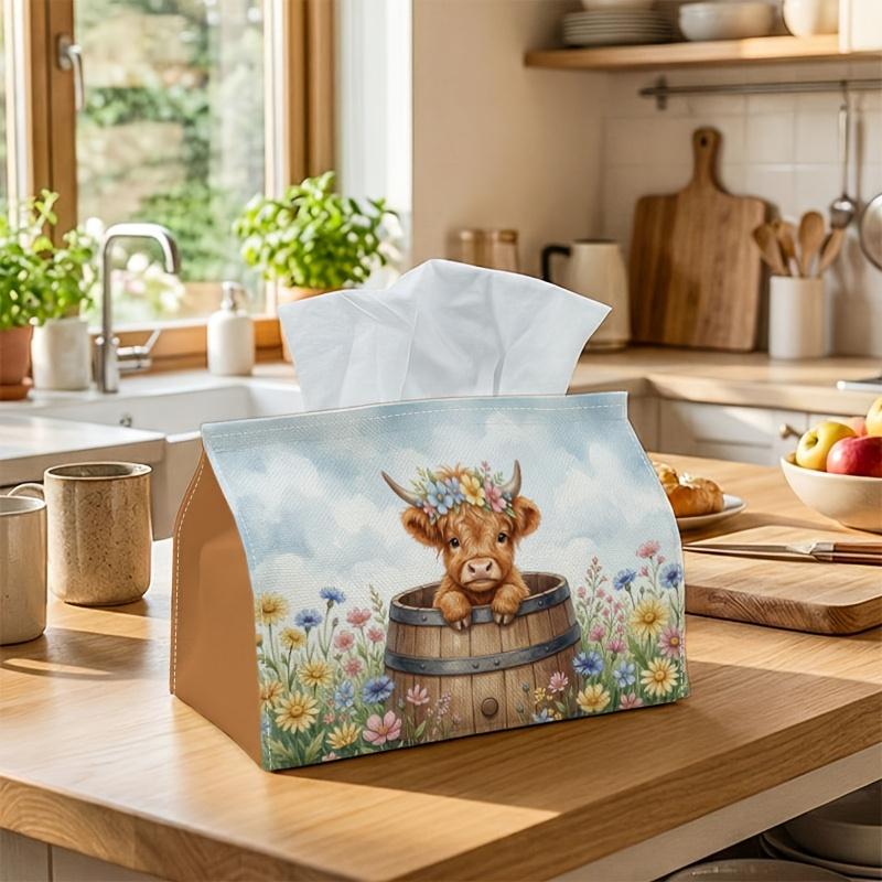 1pc Rustic Farmhouse Tissue Box - Highland Cow Daisy Napkin Storage Box, Suitable for Rolls/facial Tissues/single Sheets,Two Sizes Available for Home/