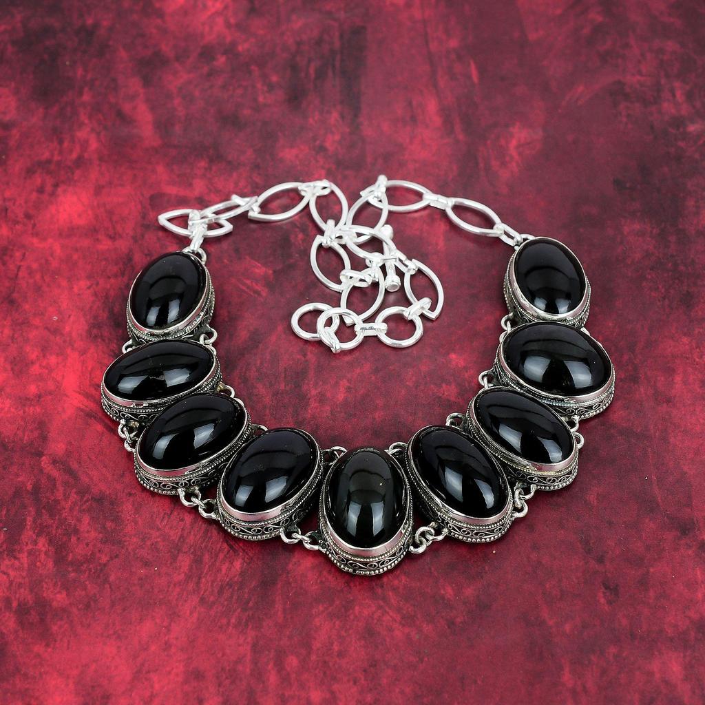 Ожерелье из черного обсидиана, ювелирные изделия ручной работы, ожерелье из стерлингового серебра 925 пробы, дизайнерские ювелирные изделия из драгоценных камней, регулируемое ожерелье-цепочка, подарок для мамы