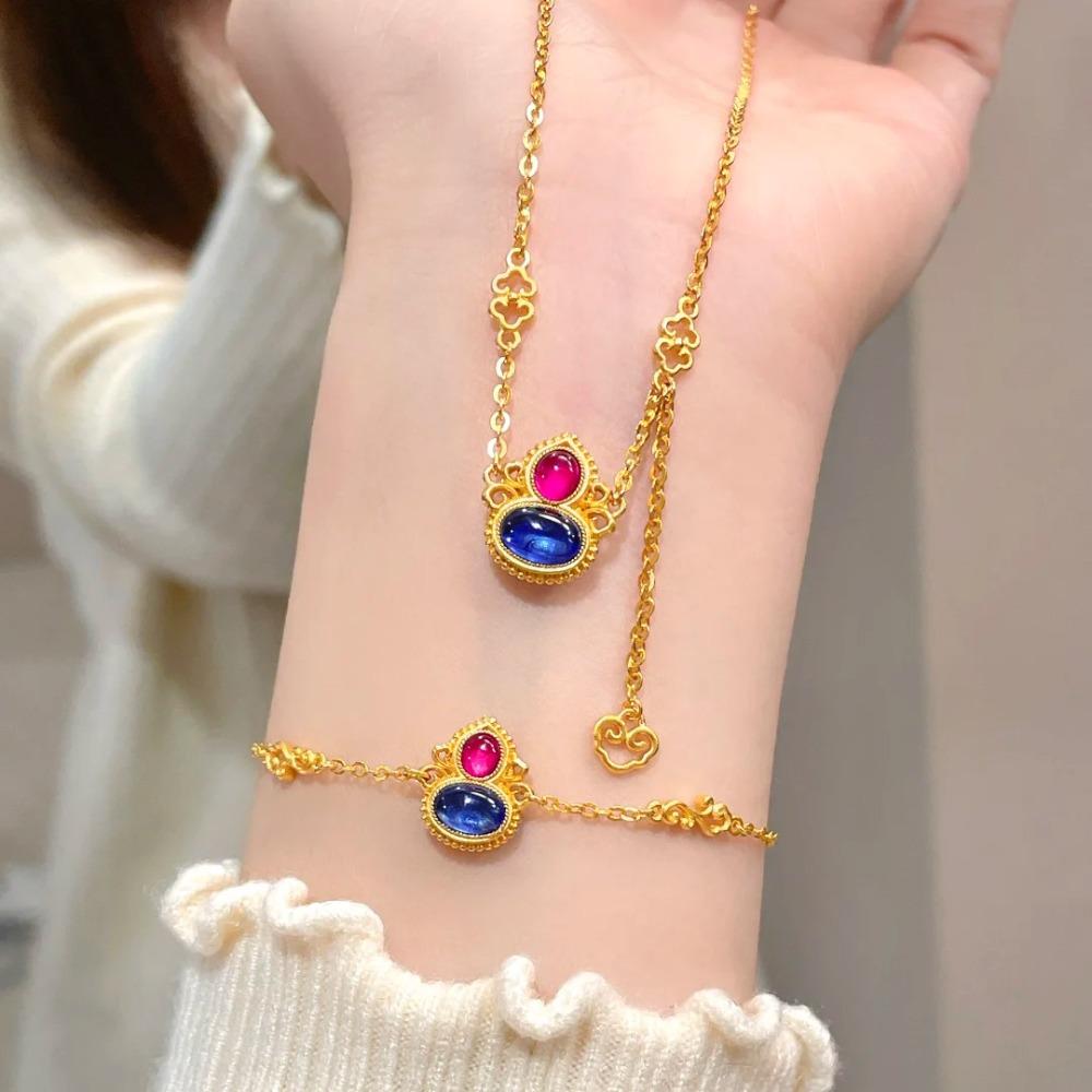 Women Jewelry Set Chinese Palace Style Floral Pendant Necklace Enamel Gourd Bracelet Cloud Earrings Ring