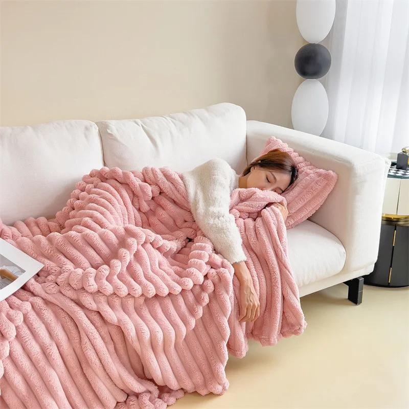 New Imitation Rabbit Plush Warm Blanket Set Or Only Blankets For Autumn Winter Soft Fluffy Warmth Lounger Sofa Throw Blankets
