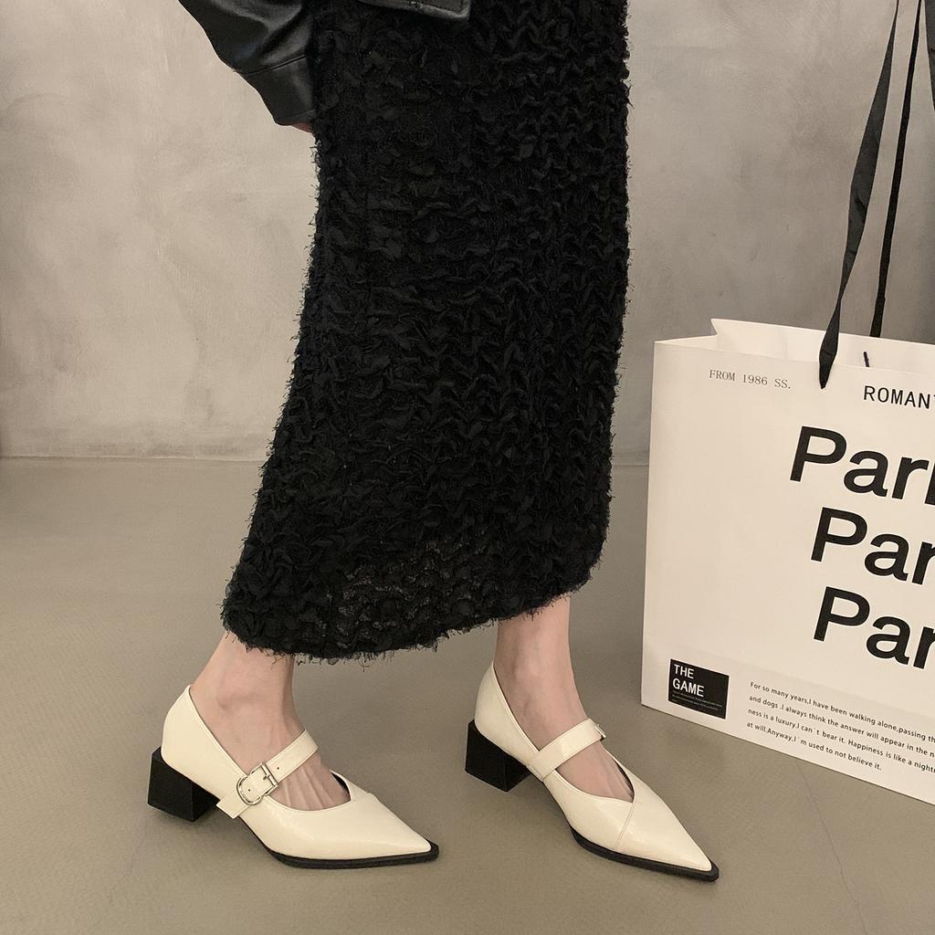 Французские туфли Мэри Джейн на среднем каблуке, черные, кожаные, женские туфли 2024 года, новые весенне-осенние белые туфли с острым носком