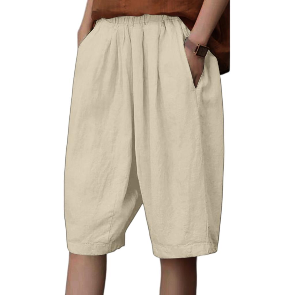 Женские хлопково-льняные повседневные модные шорты, свободные брюки-харены, с высокой посадкой, широкие штанины