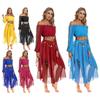 Women's Shiny Sequins Belly Dance Costume Outfit Long Puff Sleeve Crop Top and Chiffon Skirt