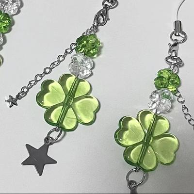 Y2K Trendy Lucky Grass Star Bear Phone Charms Sweet Four-Left Clover Bisin Keychain Bag Cushion Decoration For Women Girls Gift