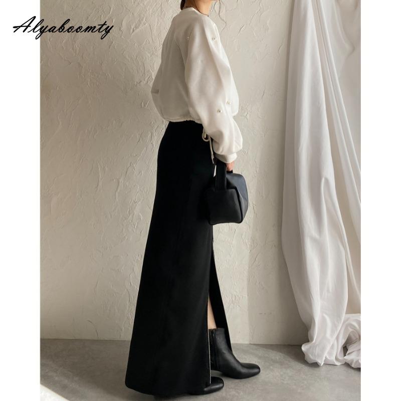 Корейская Мода Осень Зима Женская Стильная Макси Длинная Юбка С Завышенной Талией Черная Вязаная Юбка на Молнии С Разрезом Вязаная Женственная Классическая Юбка Женская