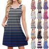 Women's Stylish Casual Pocket Loose Striped Print Sleeveless Summer Beach Sundress