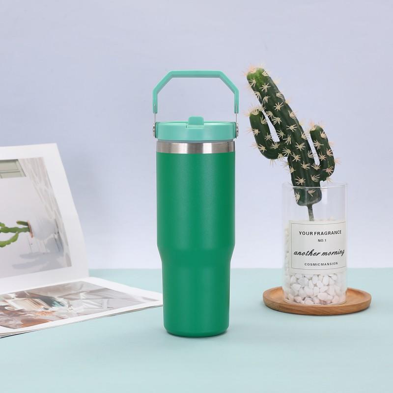 30 Oz Stainless Steel Travel Tumbler With Handle Straw Lid Car Outdoor Use Insulated Water Bottle