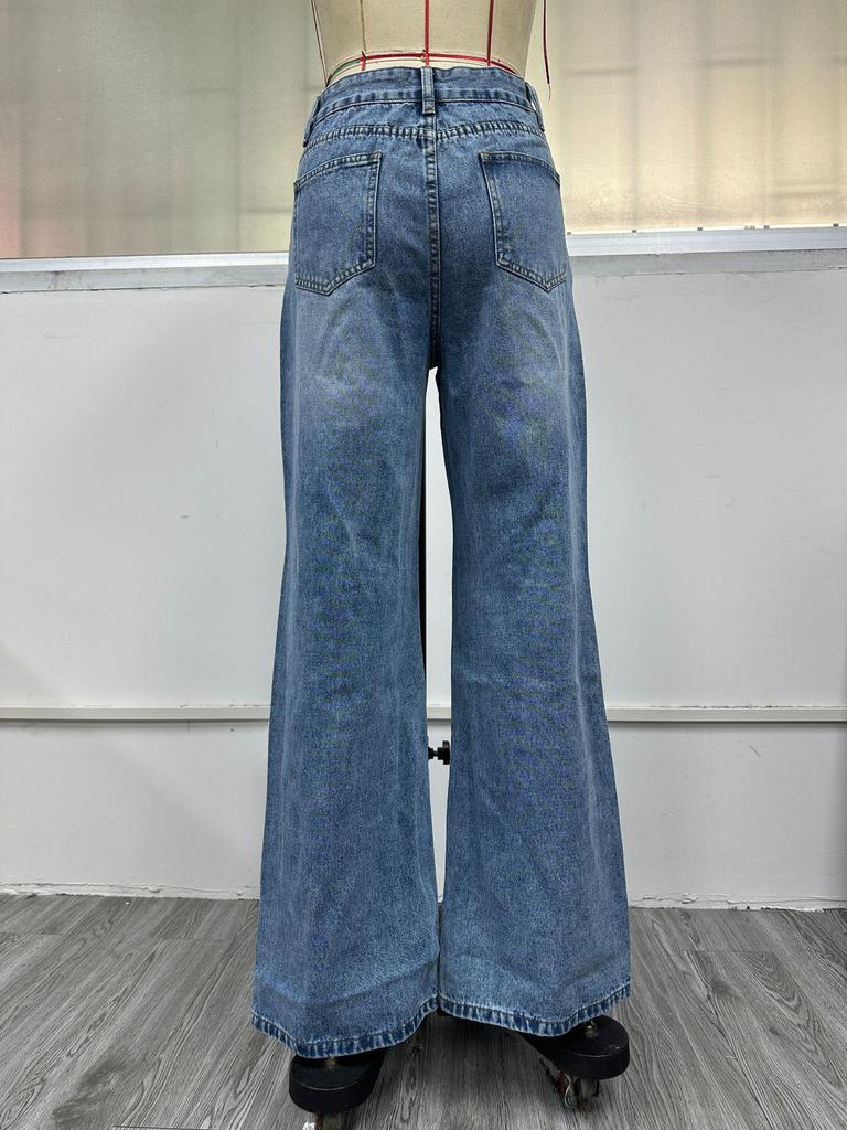 Women's INS Fashion Ripped High-Waisted Wide-Leg Jeans