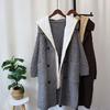 Long Over-knee Splicing Cotton Clothes Knitted Cardigan Autumn and Winter New Hooded Loose Design Sweater Jacket Women