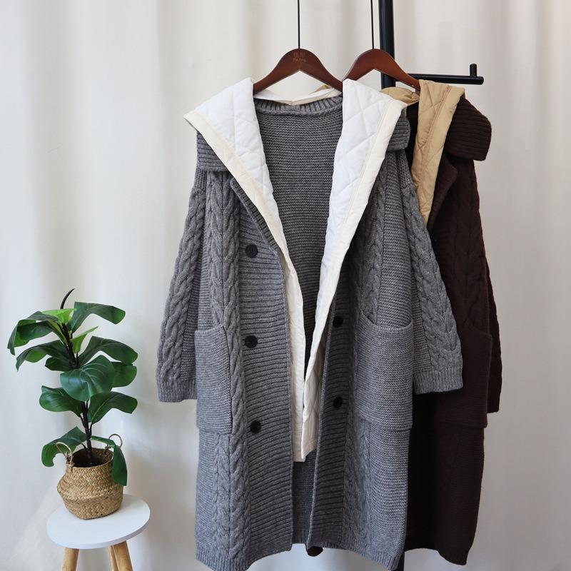 Long Over-knee Splicing Cotton Clothes Knitted Cardigan Autumn and Winter New Hooded Loose Design Sweater Jacket Women