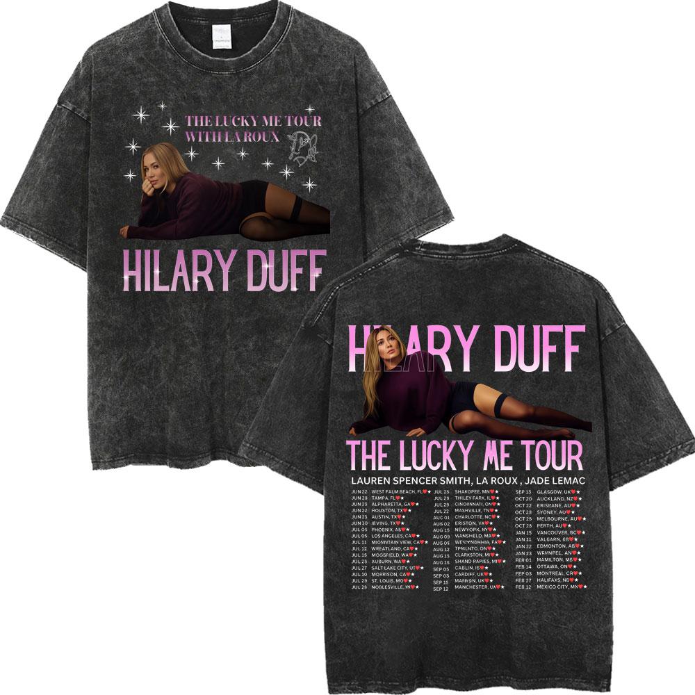 Hilary Duff The Lucky Me Tour Vintage Washed Tshirt Fashion Aesthetic Short Sleeve Tshirts Men Women Casual Loose T Shirt