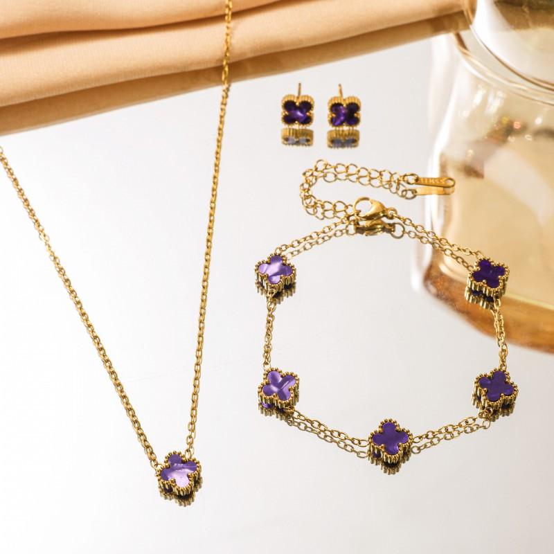 Stainless Steel Gold-Plated Clover Necklace Set Women Gradient Color Pendant DelicateChain Earrings Fresh Sweet Style