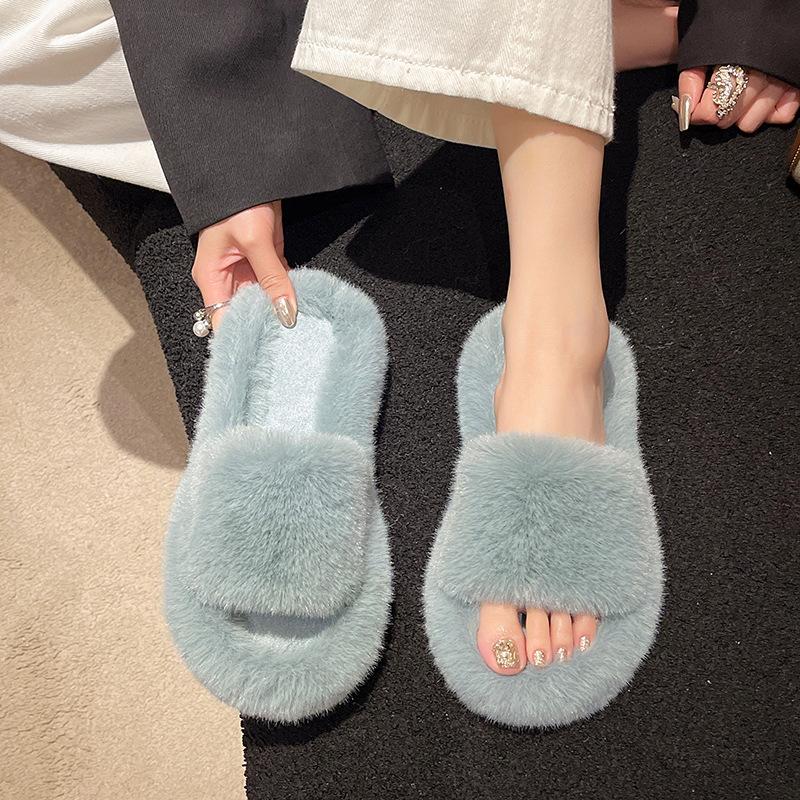 Large Size Fluffy Slippers Spring and Autumn High-end Winter Wear Versatile Lazy Flat Bottom Plush One-word Home Cotton Slippers