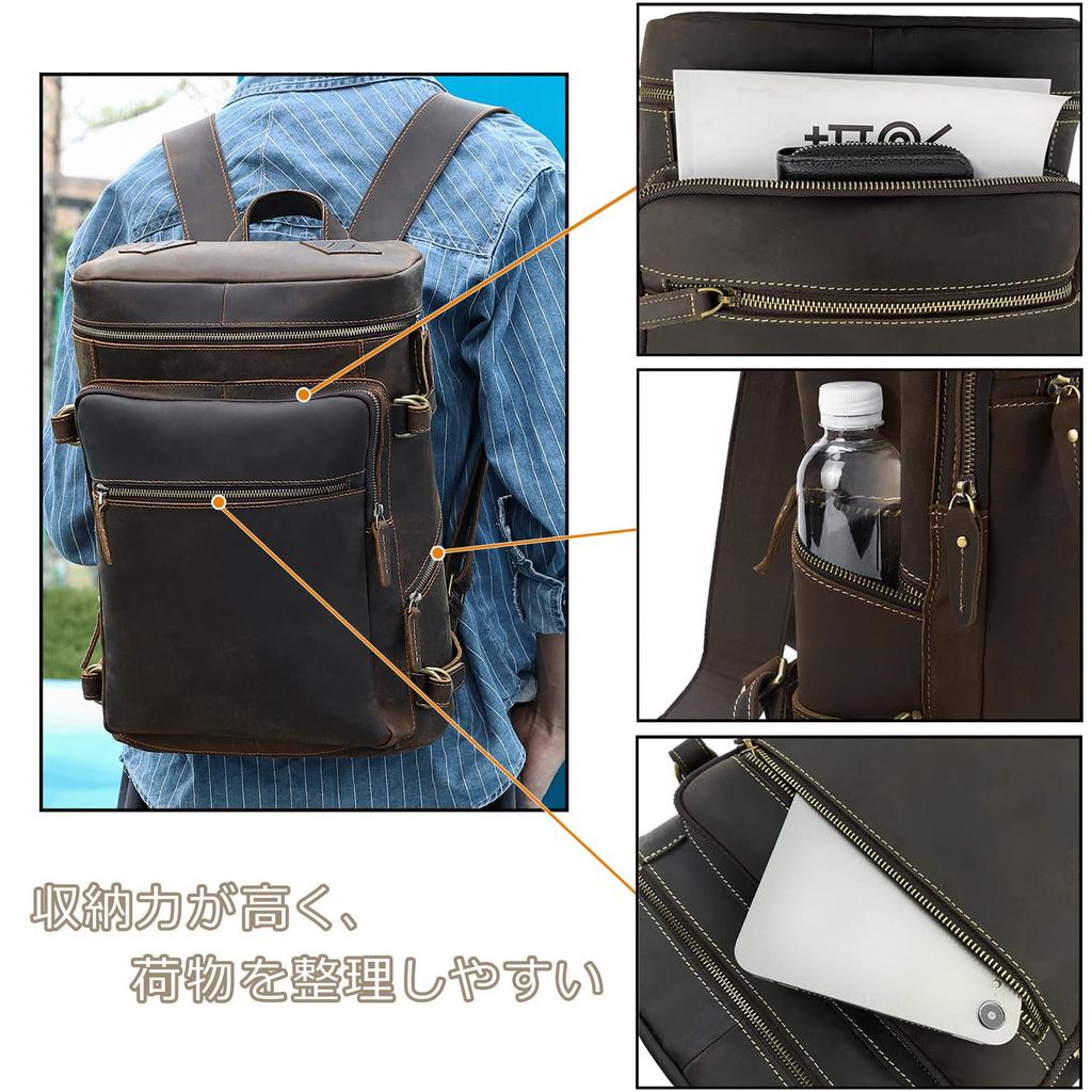Achiyu Box-Shaped Genuine Leather Business Backpack, Cowhide Leather, Large Capacity, Fits 16-Inch Laptop, Multifunctional, Shockproof, Popular,