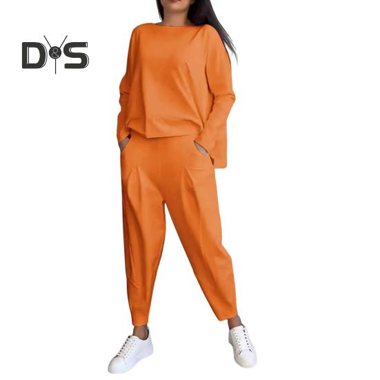 2 Pcs/Set Women Top Pants Suit Round Neck Long Sleeves Solid Color Irregular Sweatshirt Drawstring Elastic Waist Trousers Daily Wear Sport Outfit
