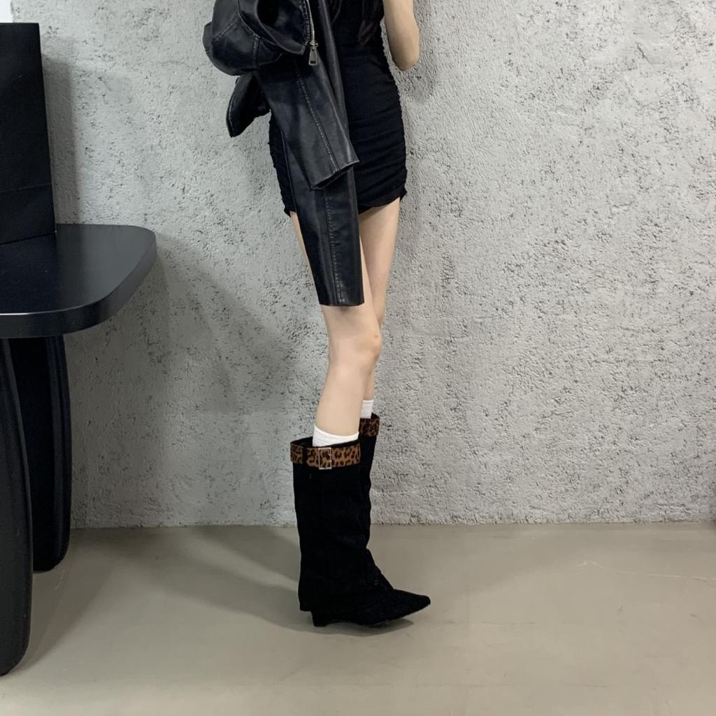 Fashionable Leopard Print Pointed Toe Wedge Trouser Tube Boots Women's Autumn Removable Belt Buckle Mid-tube Boots