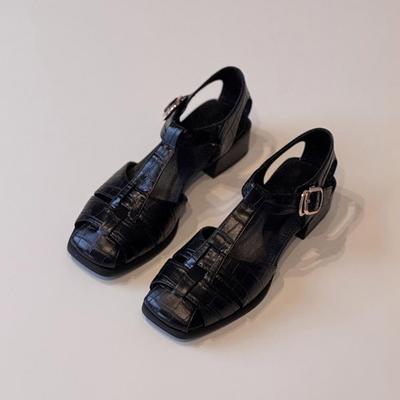 Ретро плетеные туфли женские на толстом каблуке перфорированные и дышащие сандалии