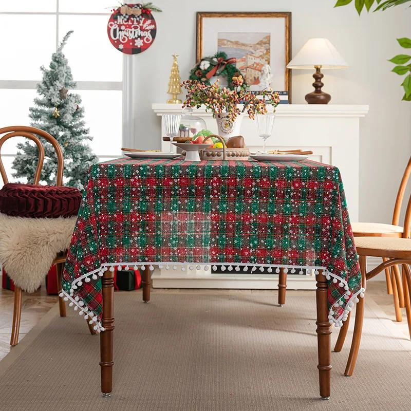 Christmas Tablecloth Green Plaid Snowflake Cotton Linen Rectangular Table Cover New Year Gifts Dining Living Room Table Decor