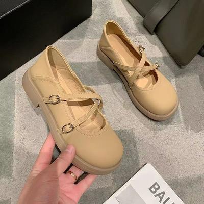 2025 новая одинарная обувь, женская обувь, толстые каблуки, плоская подошва, неглубокий вырез, круглый носок, маленькие кожаные туфли, студенческая обувь, одинарная обувь