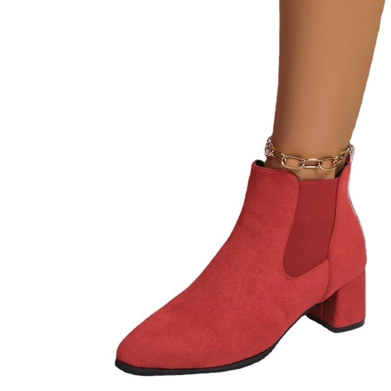 2024 Модная обувь для женщин, женские сапоги без застежек, зимние, с острым носком, однотонные, флоковые, теплые, короткие, на среднем каблуке, римские сапоги Naked