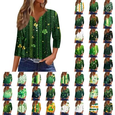 Жен. Футболка Футболка С принтом Пуговицы Рукав 3/4 Повседневные Выходные Мода Классический V-образный вырез Обычный Топ