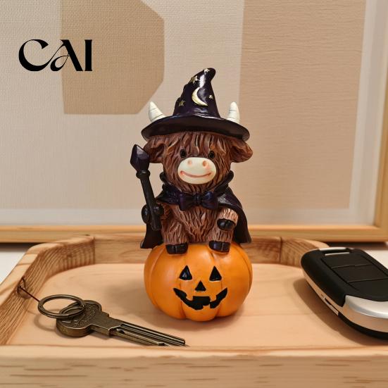 Decorative Cow Collectibles 2Pcs Halloween Highland Witch Ornament, Resin Figurine with Hat Pumpkin Broom Rustic Home Decorations & Skull, Cute