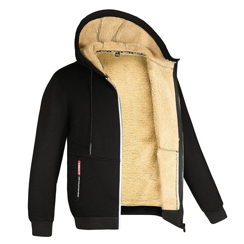 Lamb Fleece Autumn and Winter Hoodie Men's Hooded Solid Color Jacket with Thick Fleece Clothing