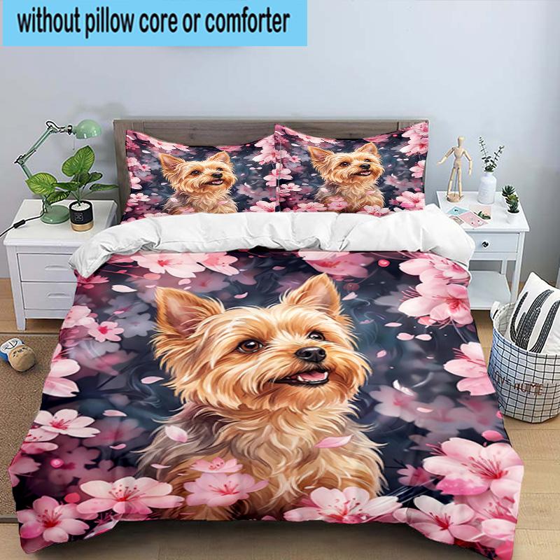Cherry Blossom Yorkie 3pcs Bedding,Including 1pc Duvet Cover And 2pcs Pillowcases Perfect for Christmas,Ideal for Bedroom, Dormitory