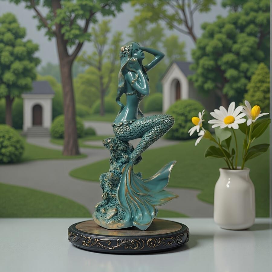 Cute retro turquoise mermaid resin statue suitable for home offices or bookshelves, ideal for decoration and a perfect gift for holidays and