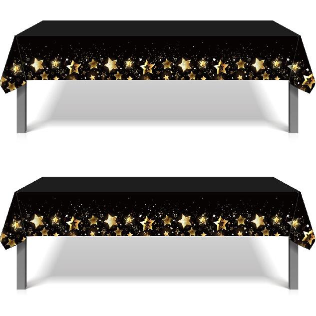 2Pack Black and Gold Tablecloth for Rectangle Tables, Plastic Disposable Star Table Covers for Birthday, Wedding, Anniversary, Picnics, Graduation,