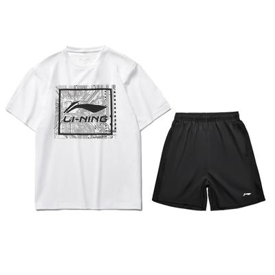 Футболка с логотипом и однотонные шорты Li Ning Sports Lifestyle Series, повседневный спортивный комплект для мужчин, белый, черный, AHST469-1+AKST633-1,