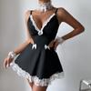4pcs Sets Women Cosplay Costume Naughty Maid Role-Play Costume, Contrast Lace Deep V Split Slip Dress & Thong, Women's Sexy Lingerie & Underwear