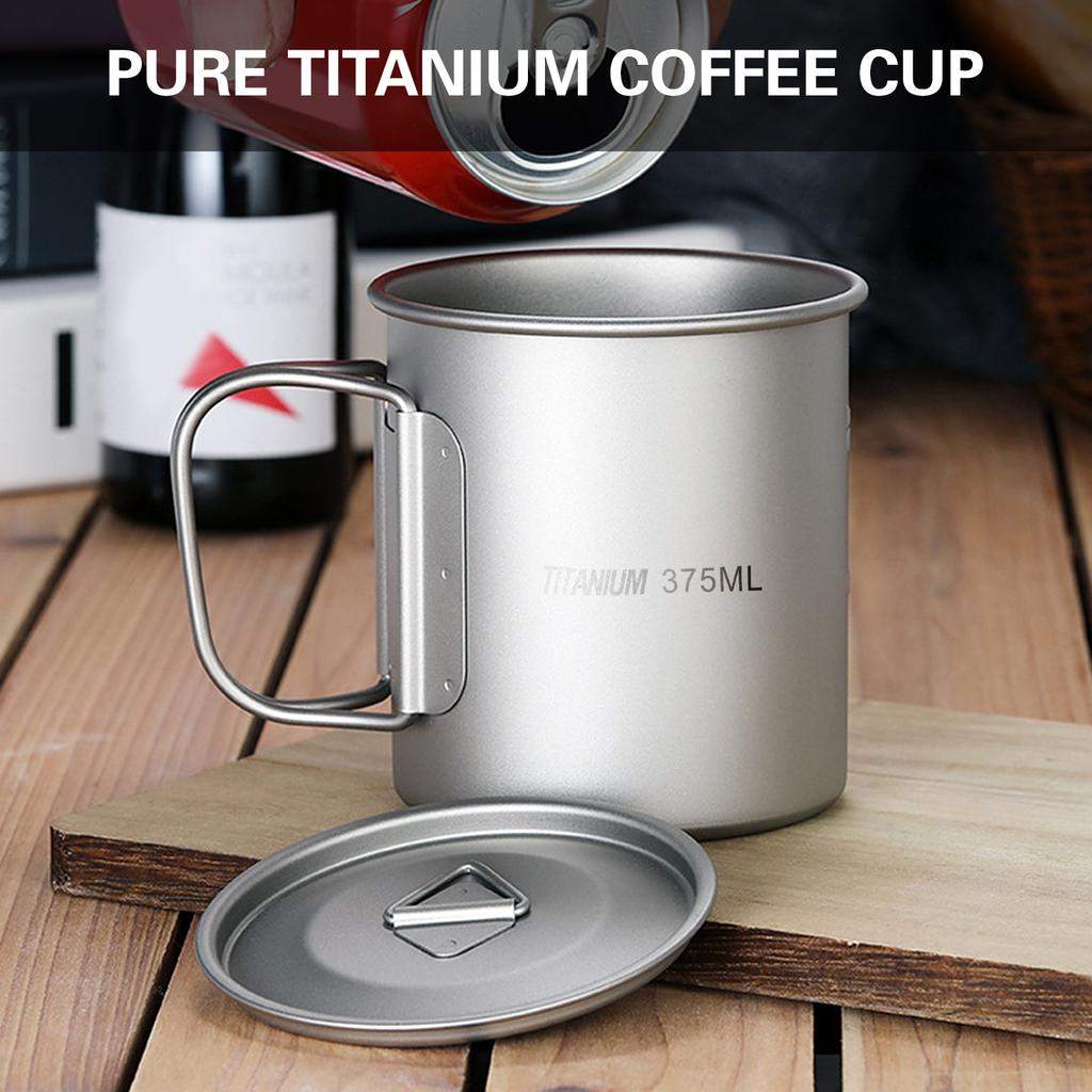 375 мл Сверхлегкая титановая кружка для улицы, портативная, для кемпинга, пикника, воды, чая, кофейная кружка с крышкой и складными ручками