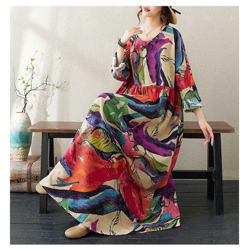 Круглый вырез Свободное Платье Литературное Плюс Сайз с Длинным Рукавом