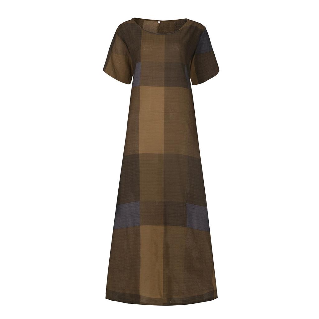 Женское повседневное платье с принтом, юбка с круглым вырезом, платье с короткими рукавами, клетчатое платье для отдыха, повседневное свободное платье