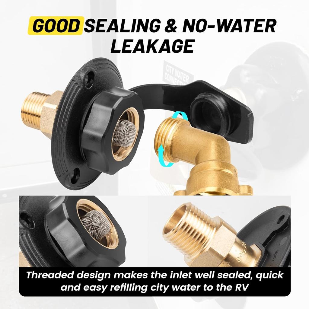 Oyviny RV City Water Inlet With Check Valve, Lead-Free Brass RV Fresh Water Inlet 3/4 NH Female To 1/2 NPT Male Connection, Water Fill Inlet Flange